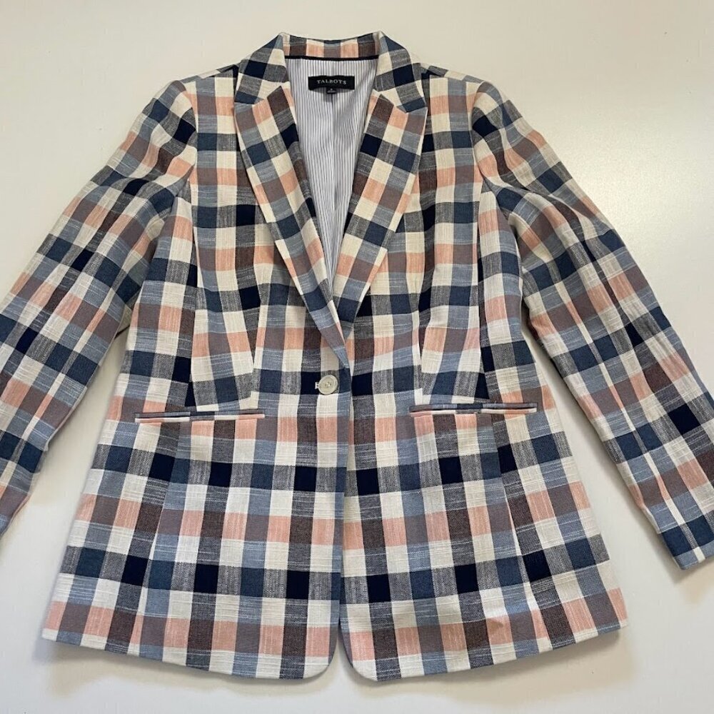 Talbots Vivid Jacket Blazer Plaid Cotton Single Button Preppy Spring Modern Pink - Picture 6 of 16